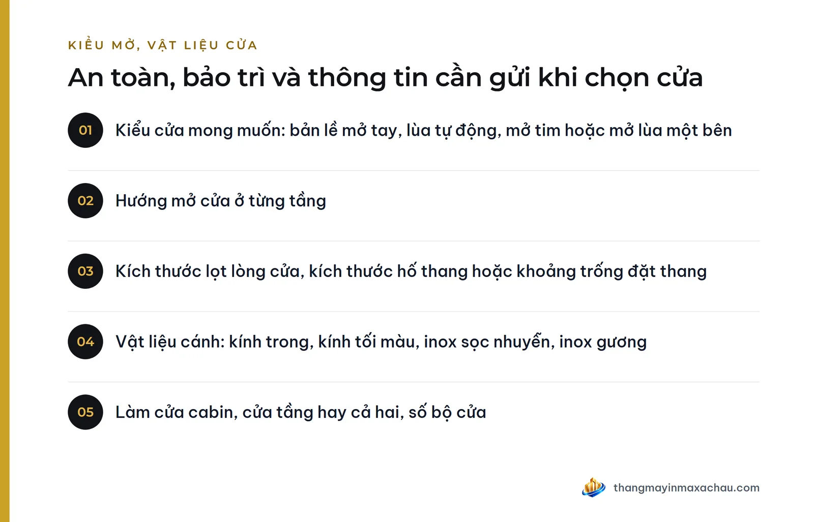An toàn, bảo trì và thông tin cần gửi khi chọn cửa