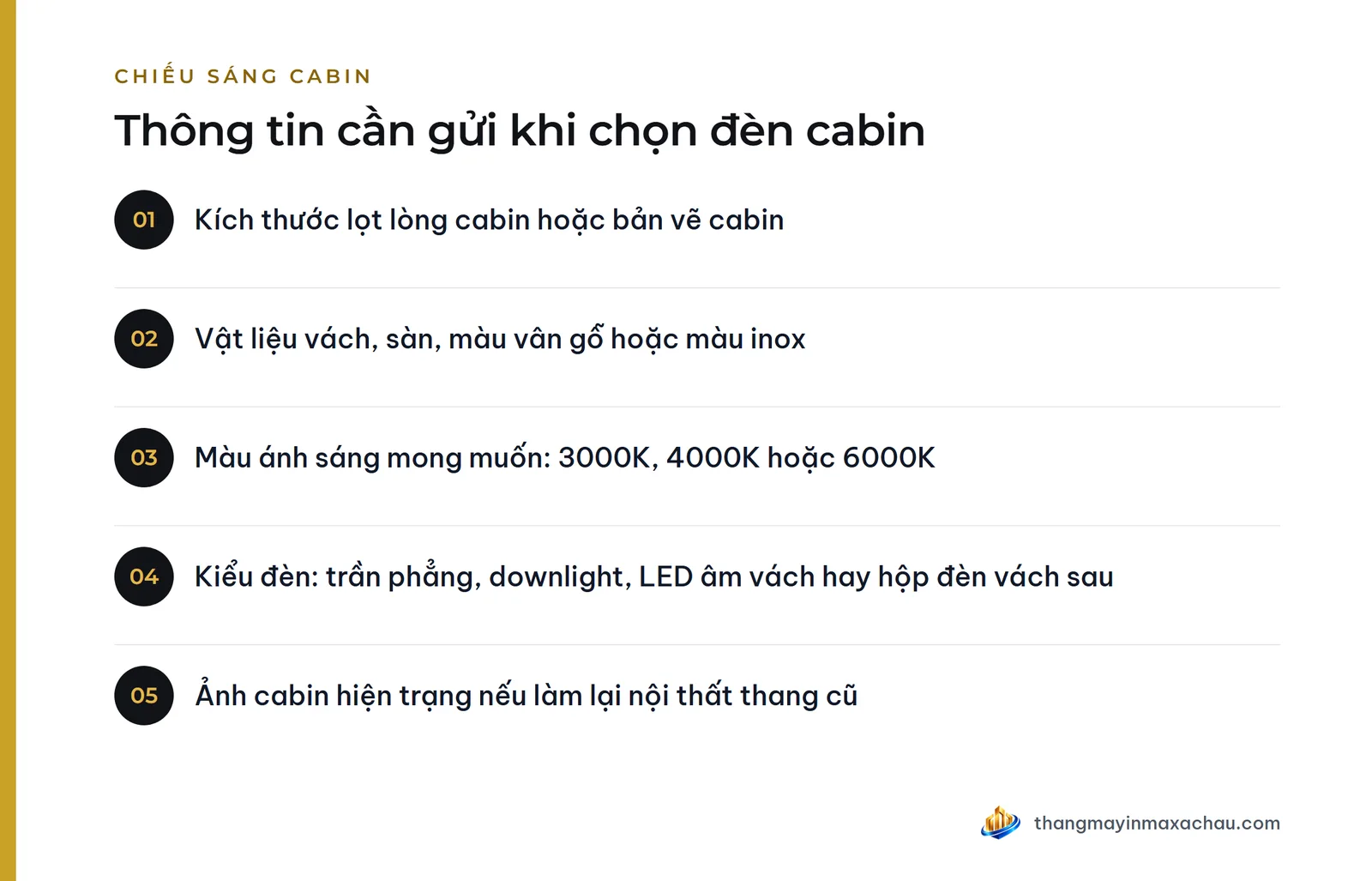 Thông tin cần gửi khi chọn đèn cabin